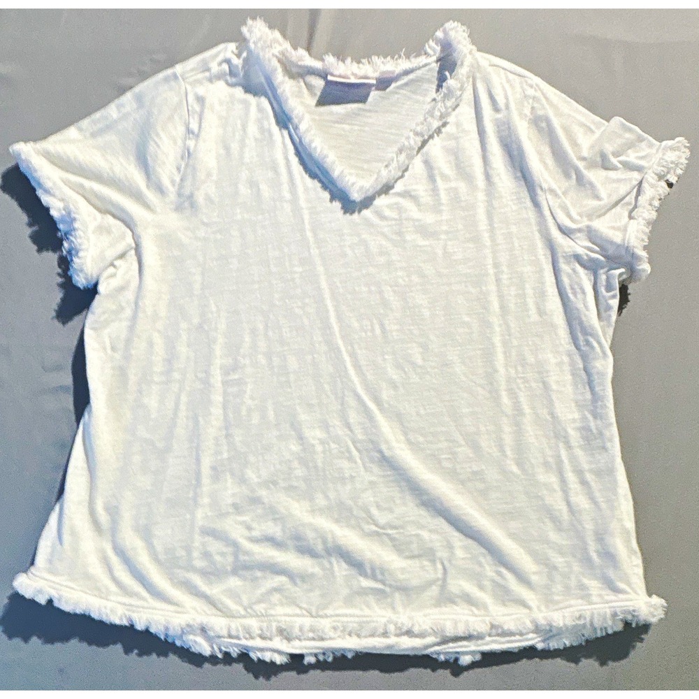 Belle by Kim Gravel White Slub Knit Frayed Fringe V-Neck Tee Top XL